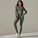 Load image into Gallery viewer, 2pcs Yoga Set Women zippers Long Sleeve Crop Top+High Waist Yoga Pants Sports Suit Quick Dry Breathable Fitness Workout Set
