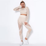 Load image into Gallery viewer, 2Pcs Yoga Set Seamless Fitness Crop Top Women Long Sleeve Gym Clothing Push Up High Waist Pants Workout Sportwear Running Suit
