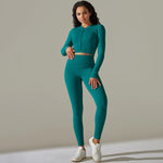 Load image into Gallery viewer, 2pcs Yoga Set Women zippers Long Sleeve Crop Top+High Waist Yoga Pants Sports Suit Quick Dry Breathable Fitness Workout Set
