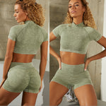 Load image into Gallery viewer, Seamless Washable Yoga Wear High Neck Short Sleeve Gym Suit Women's Sports Buttocks Shorts Suit
