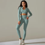 Load image into Gallery viewer, 2pcs Yoga Set Women zippers Long Sleeve Crop Top+High Waist Yoga Pants Sports Suit Quick Dry Breathable Fitness Workout Set

