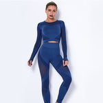 Load image into Gallery viewer, 2Pcs Yoga Set Seamless Fitness Crop Top Women Long Sleeve Gym Clothing Push Up High Waist Pants Workout Sportwear Running Suit
