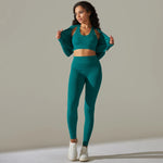 Load image into Gallery viewer, 2pcs Yoga Set Women zippers Long Sleeve Crop Top+High Waist Yoga Pants Sports Suit Quick Dry Breathable Fitness Workout Set

