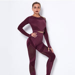 Load image into Gallery viewer, 2Pcs Yoga Set Seamless Fitness Crop Top Women Long Sleeve Gym Clothing Push Up High Waist Pants Workout Sportwear Running Suit

