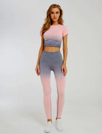 Load image into Gallery viewer, Gradient Short Sleeve Women's Sportswear suit Seamless Gym Clothing Women Gym Yoga Set Fitness Leggings+Cropped shirts
