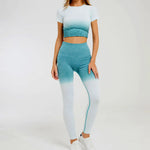 Load image into Gallery viewer, Gradient Short Sleeve Women's Sportswear suit Seamless Gym Clothing Women Gym Yoga Set Fitness Leggings+Cropped shirts

