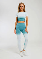 Load image into Gallery viewer, Gradient Short Sleeve Women's Sportswear suit Seamless Gym Clothing Women Gym Yoga Set Fitness Leggings+Cropped shirts
